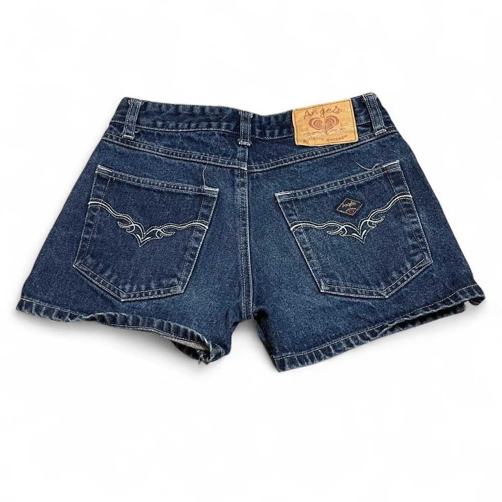 Angels navy blue denim shorts with embroidery heart pocket design